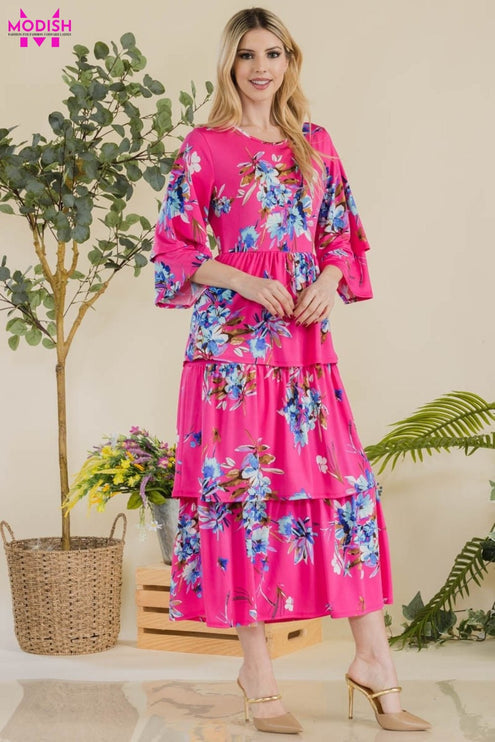 Celeste Full Size Floral Ruffle Tiered Midi Dress - Modish