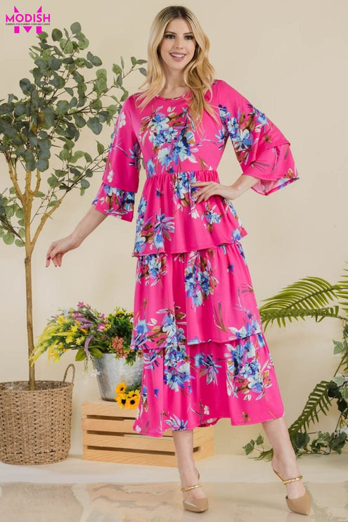 Celeste Full Size Floral Ruffle Tiered Midi Dress - Modish