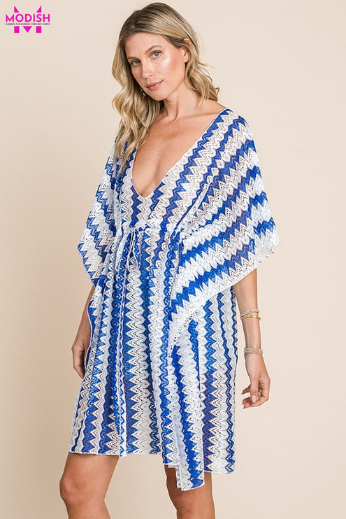 Cotton Bleu by Nu Lab Tied Striped Plunge Half Sleeve Cover-Up - Modish