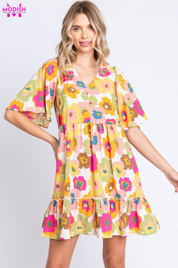 GeeGee Full Size Floral V-Neck Ruffle Trim Mini Dress - Modish