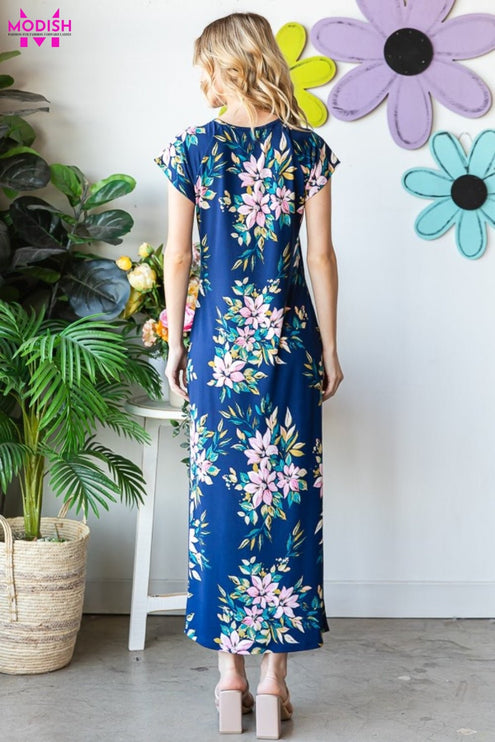 Heimish Full Size Floral Short Sleeve Slit Dress - Modish