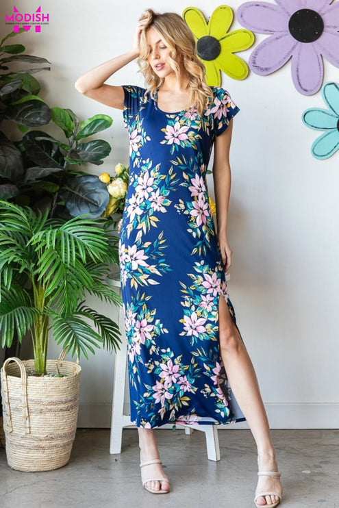 Heimish Full Size Floral Short Sleeve Slit Dress - Modish