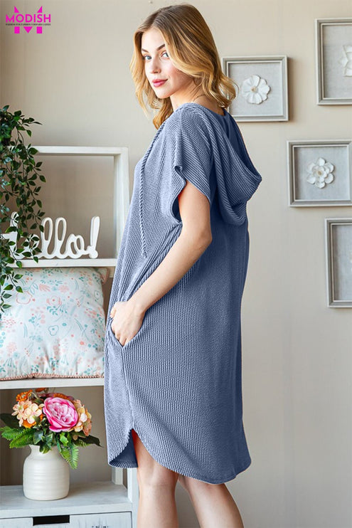 Heimish Full Size Ribbed Short Sleeve Hooded Dress - Modish