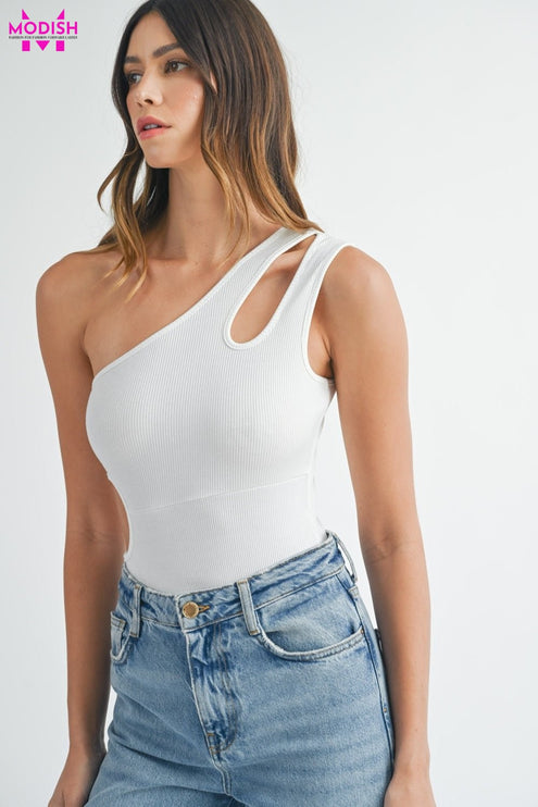 MABLE One Shoulder Ribbed Cutout Detail Bodysuit - Modish