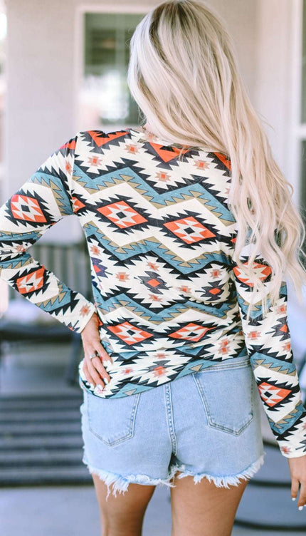 Print Notched Neck Long Sleeve Top