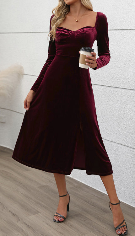 Perfee Sweetheart Neck Long Sleeve Midi Dress