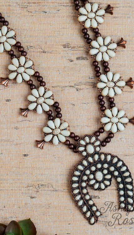 White Cream & Copper Squash Blossom Necklace