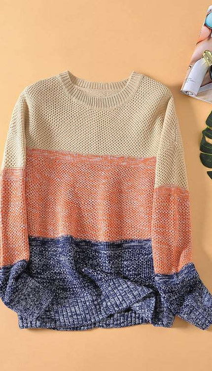 Color Block Round Neck Long Sleeve Sweater