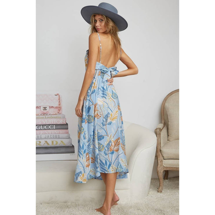 OPEN BACK WITH TIE TROPICAL PRINT DRESS