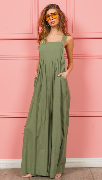 Ruched Wide Leg Overalls with Pockets