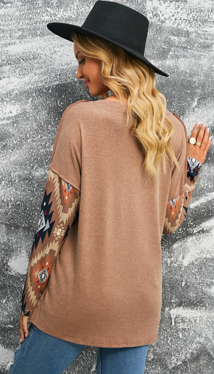 Brown Western Geo Print Buttoned V Neck Top