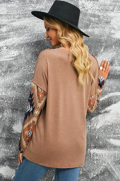 Brown Western Geo Print Buttoned V Neck Top