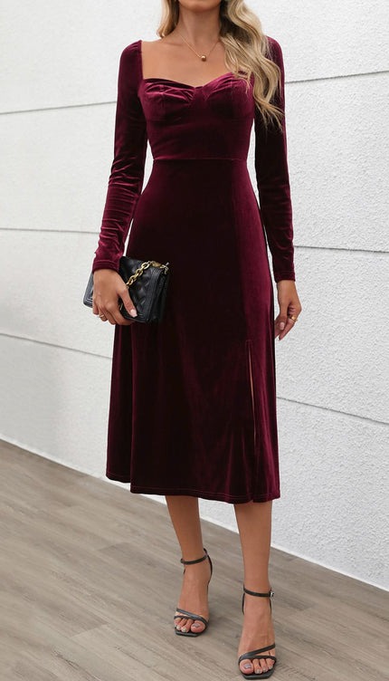 Perfee Sweetheart Neck Long Sleeve Midi Dress