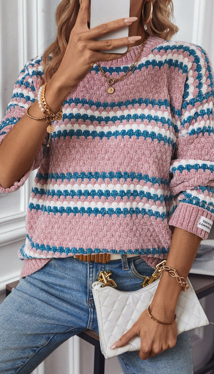 Striped Round Neck Long Sleeve Sweater