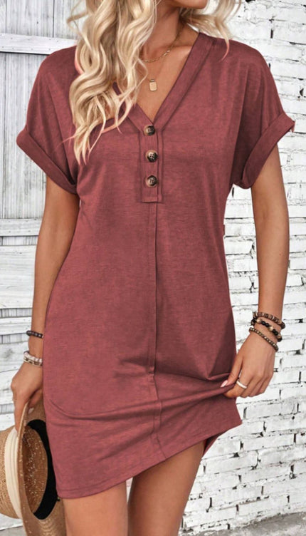 Modish - Quarter Button V-Neck Short Sleeve Dress