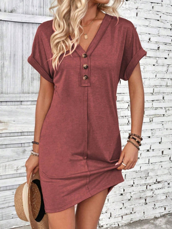 Modish - Quarter Button V-Neck Short Sleeve Dress