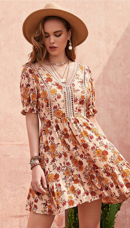 Modish Rustic Chic Floral V-Neck Ruffle Hem Dress