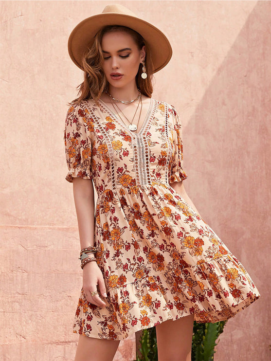 Modish Rustic Chic Floral V-Neck Ruffle Hem Dress