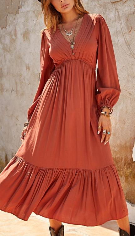 Ruched V-Neck Long Sleeve Midi Dress