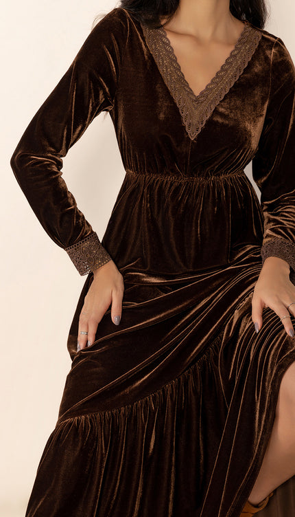 Lace Detail V-Neck Long Sleeve Maxi Dress