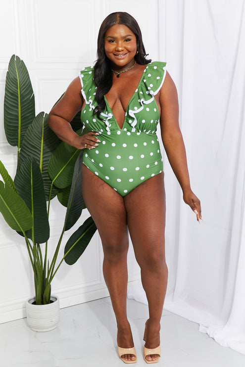 Marina West Swim Moonlit Dip Ruffle Plunge Swimsuit in Mid Green-Modish