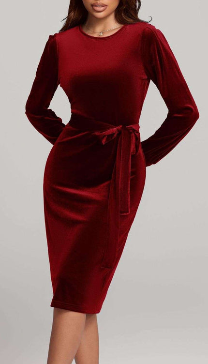 Round Neck Tie Waist Long Sleeve Velvet Dress