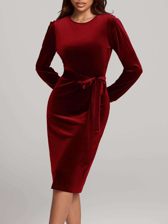 Round Neck Tie Waist Long Sleeve Velvet Dress