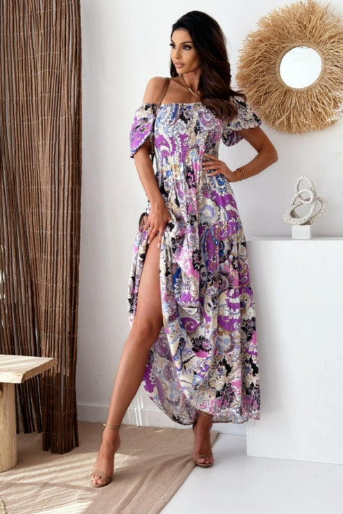 Modish Rustic Chic Smocked Print Maxi Dress