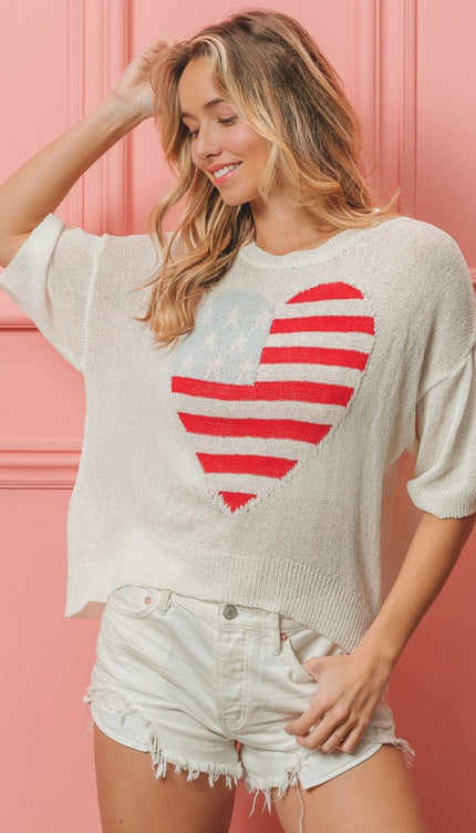 BiBi Striped Heart Contrast Knit Top