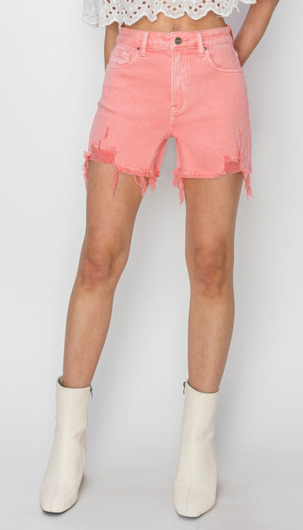 RISEN High Rise Distressed Denim Shorts-Modish