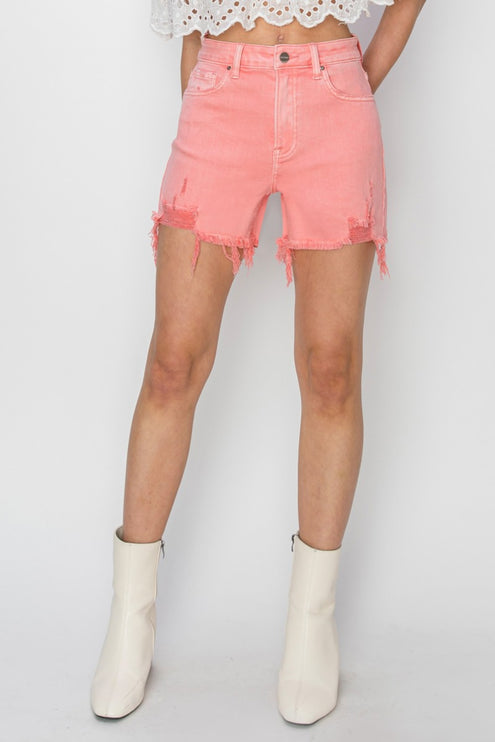 RISEN High Rise Distressed Denim Shorts-Modish