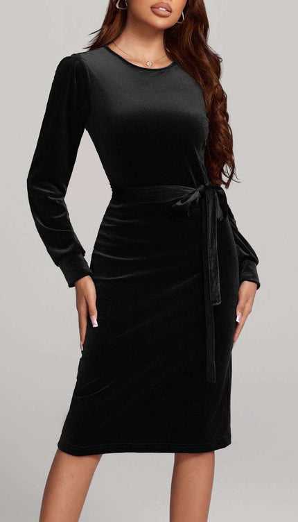 Round Neck Tie Waist Long Sleeve Velvet Dress