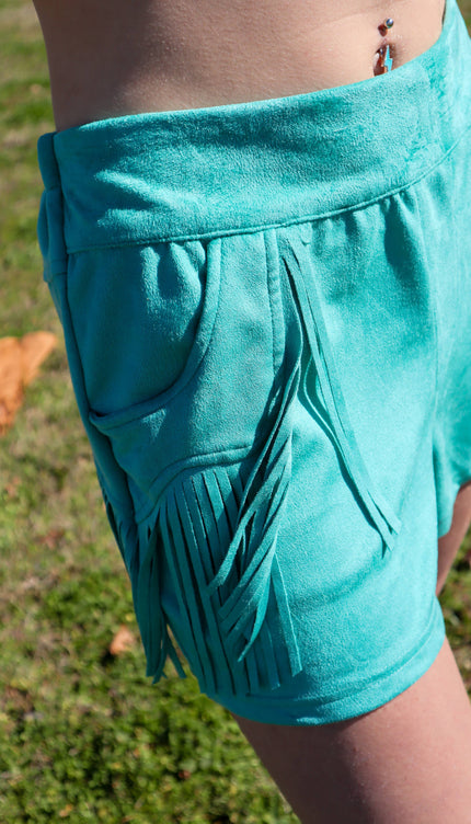 Holy Moly Vegan Suede Fringe Shorts - Turquoise 