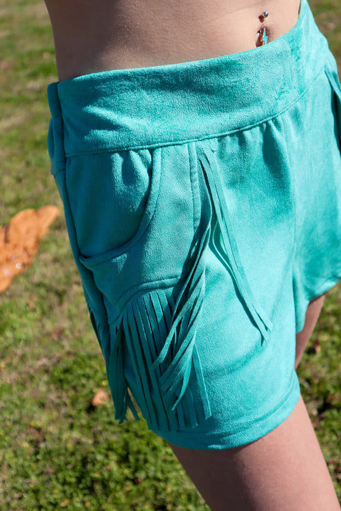 Holy Moly Vegan Suede Fringe Shorts - Turquoise 