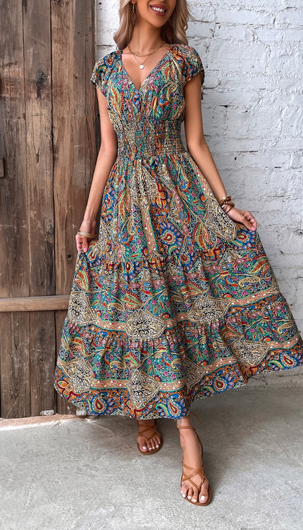 Modish Rustic Chic Smocked Print Midi Dress