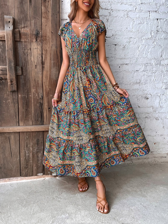 Modish Rustic Chic Smocked Print Midi Dress