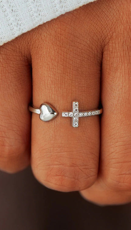 Heart Shape Cross Inlaid Zircon Open Ring