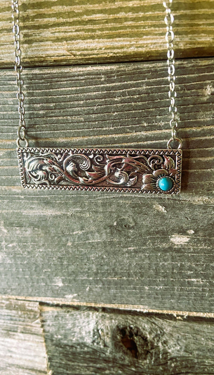 Tooled Bar Silver Necklace with Turquoise Accent