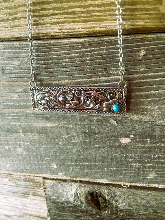 Tooled Bar Silver Necklace with Turquoise Accent