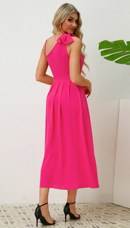 Bow Asymmetrical Neck Sleeveless Dress