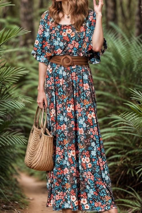 Modish - Modish Tied Printed Round Neck Half Sleeve Dress