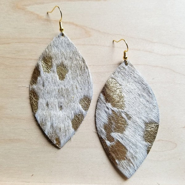 Modish Leather Oval Earrings-Cream and Gold Hair on Hide