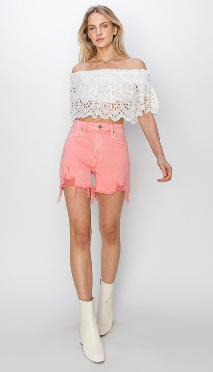 RISEN High Rise Distressed Denim Shorts-Modish