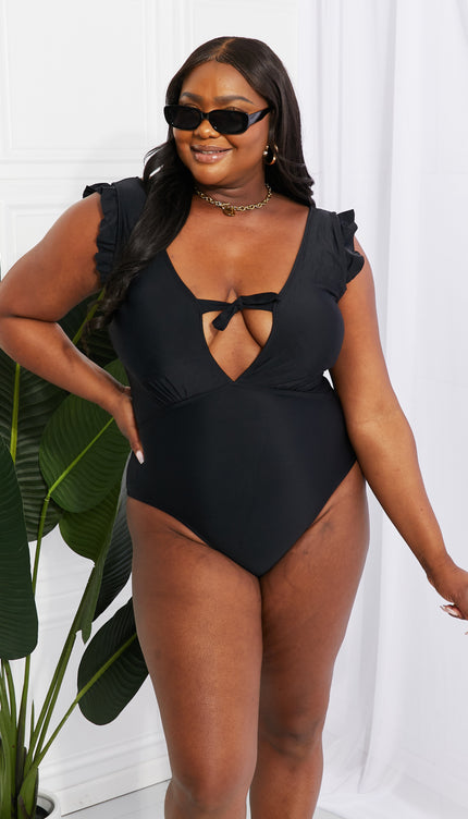 Marina West Swim Seashell Ruffle Sleeve One-Piece in Black-Modish