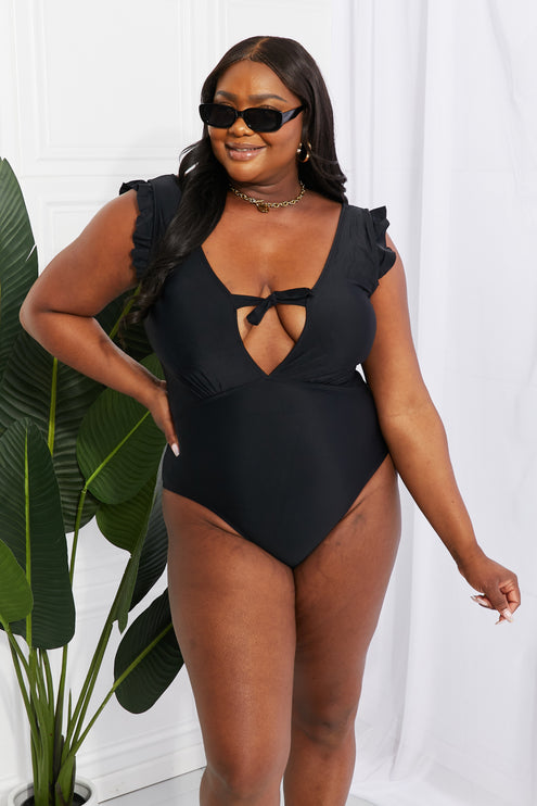 Marina West Swim Seashell Ruffle Sleeve One-Piece in Black-Modish