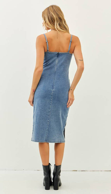 WESTERN WASHED DENIM FITTED DRESS WITH FRONT SLIT AND LACE