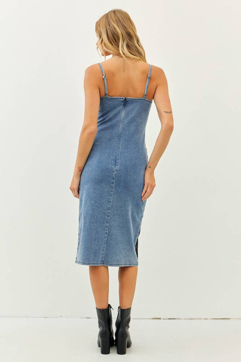 WESTERN WASHED DENIM FITTED DRESS WITH FRONT SLIT AND LACE