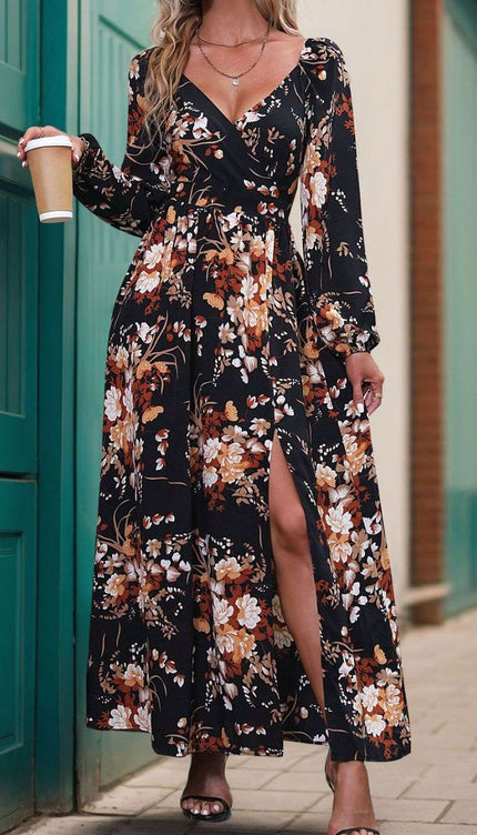 Perfee Slit Printed Surplice Long Sleeve Maxi Dress