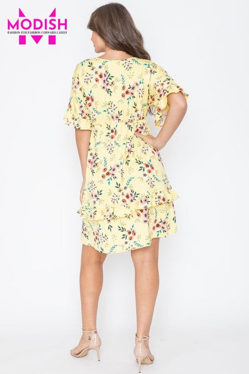 Floral V Neck Ruffle Dress-Modish