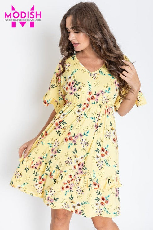 Floral V Neck Ruffle Dress-Modish